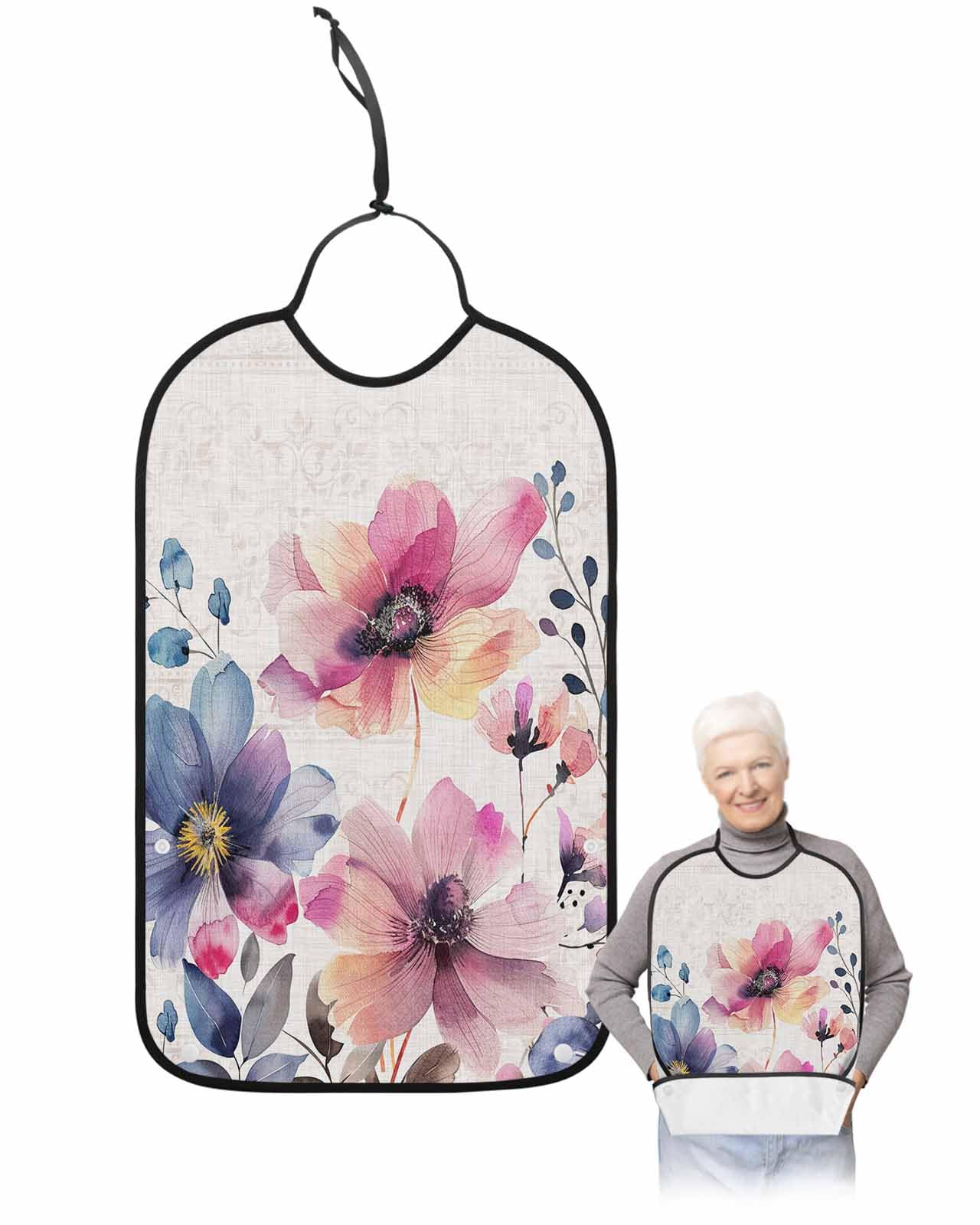 LEOKOTI Pink Blue Spring Floral Adult Bibs for Eating, Waterproof Bibs with Food Catcher & Adjustable Snap Closure, Vintage Summer Botanical Rustic Washable Clothing Protectors Adult Bibs for Elderly