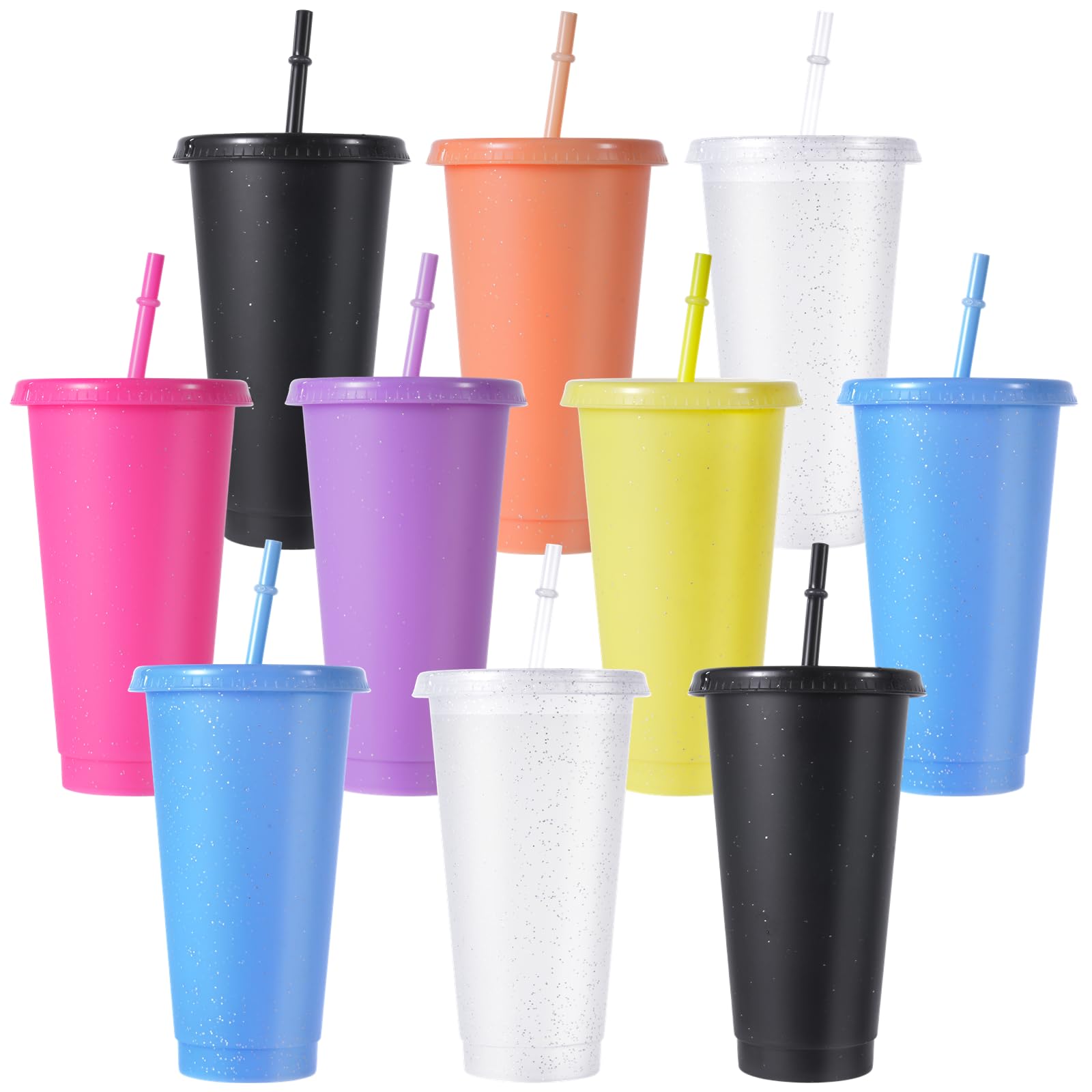 SWEWARM 10Pcs 710ml/24oz Plastic Cups with Lids and Straws, Colorful and Reusable PP Plastic Cups, Cold Iced Coffee Drinking Cups, Durable Travel Party Cups for Adults Kids
