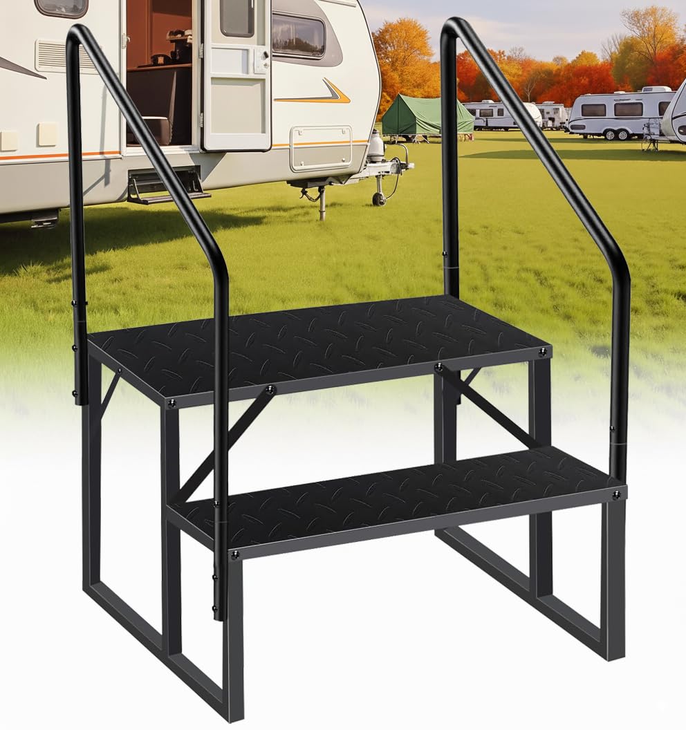 RV Steps with 2 Handrails, 2 Step RV Stairs 660lbs Load Capacity, Heavy Duty Camper Steps with Wide &amp; Anti-Slip Platform, Portable Outdoor Metal Entry Stairs for Hot Tub, Mobile Home, Travel Trailers