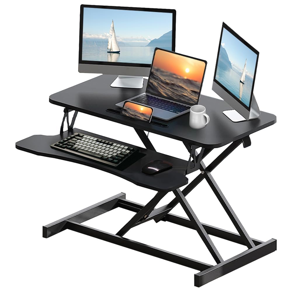 Standing Desk Converter 32 Inch Height Adjustable Sit-Stand Workstation Dual Monitor Riser with Wide Keyboard Tray - Office