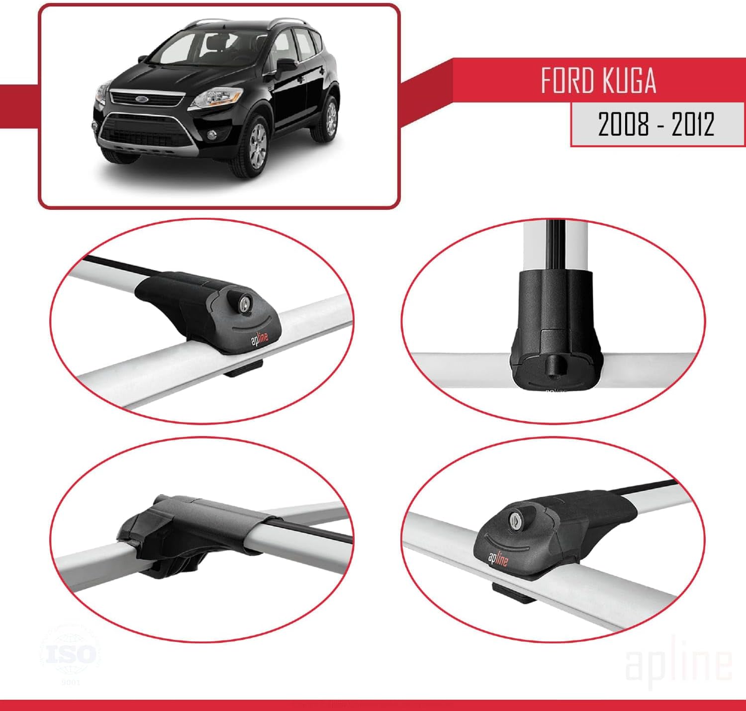 Compatible with Ford Kuga (C394) 2008-2012 ACE-1 Car Roof Rack Cross Bar Grey Aluminium 2 Bars