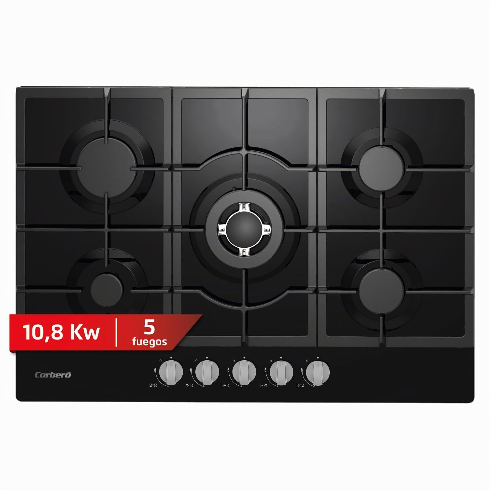 Corberó - Placa Gas Cristal LUX 75cm | CPCGM5F5026N | 8.5kW| 5 Zonas | Zona Wok | Autoencendido | Capa Protección Clean+ | Desconexión automática | Negro