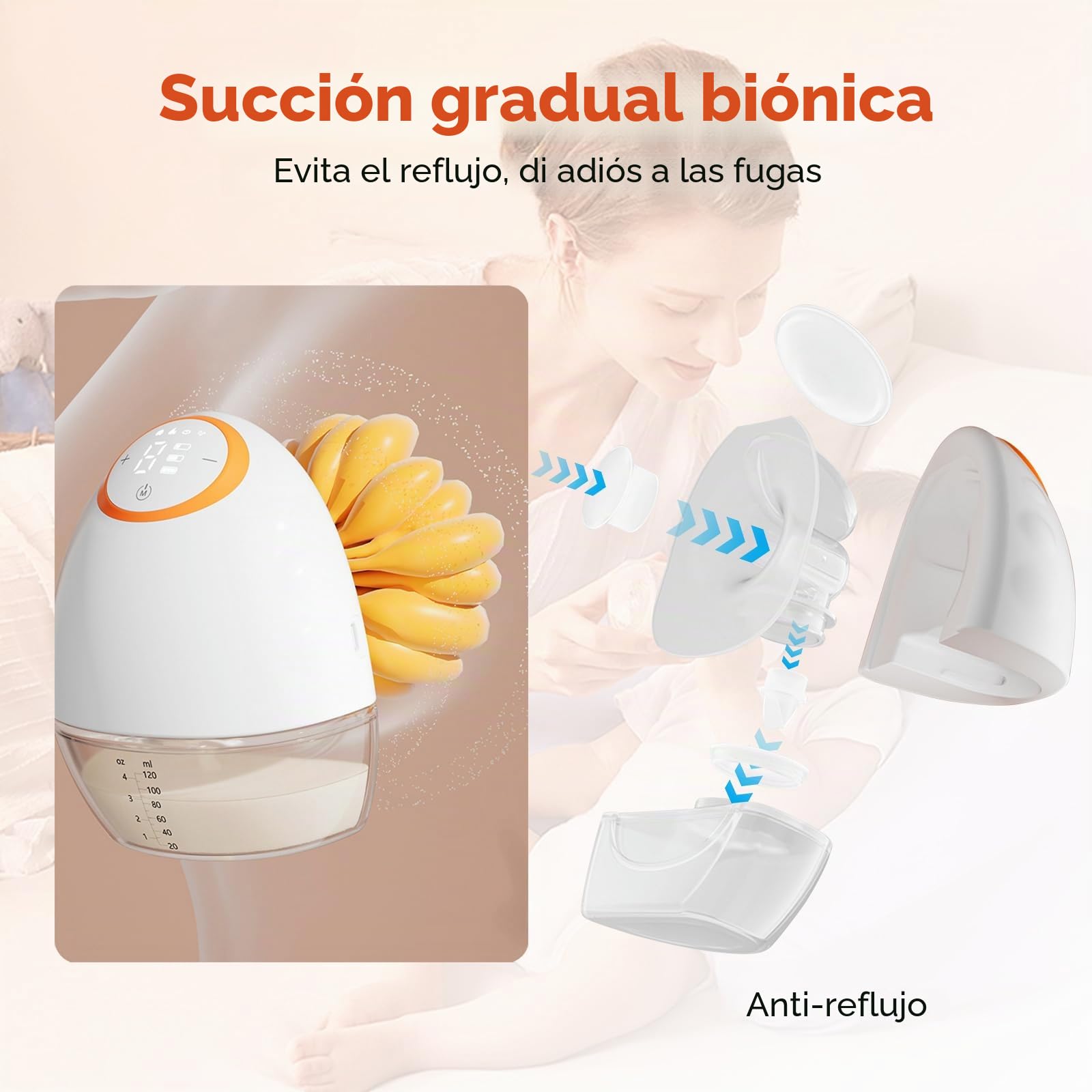 Anluomania Sacaleches Electricos, Sacaleches Eléctrico Manos Libres con 4 Modos y 9 Niveles, Extractor de Leche Materna Inalámbrico con Pantalla LED, 1200mAh, 120ml, Bridas de 19 mm, sin BPA,1 pieza