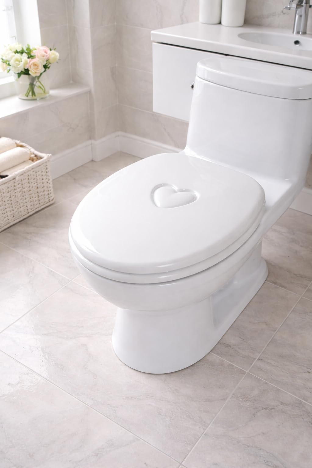Wooden Toilet Seat with Unique Design 18 Inch MDF Wood Toilet Seat Replacement Bathroom WC Seat Easy to Clean Fixing Included. (Heart)