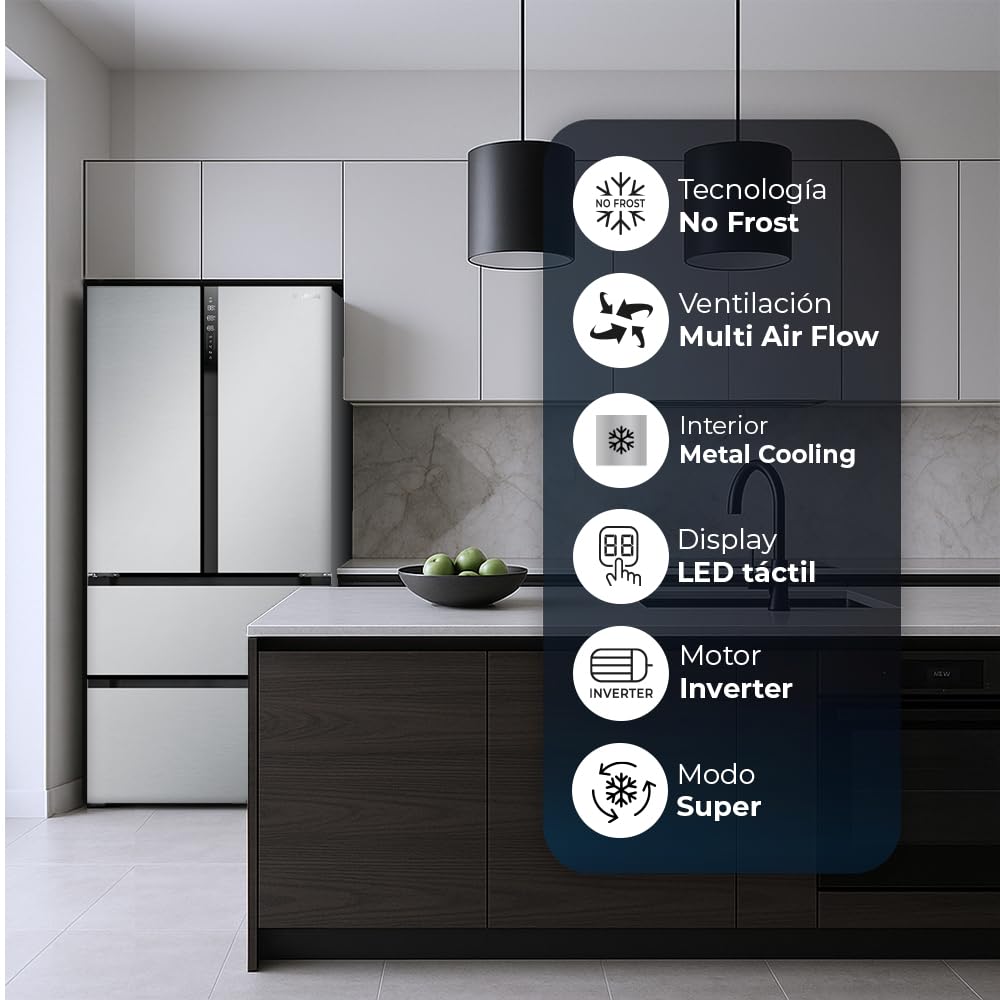 HYUNDAI Frigorífico French Door Inox, 4 Puertas HFR18383NDDI00, Capacidad 436 Litros, No Frost, Inverter, 38 dB, Puerta Francesa, Apertura Uñero, Clasificación Energética E