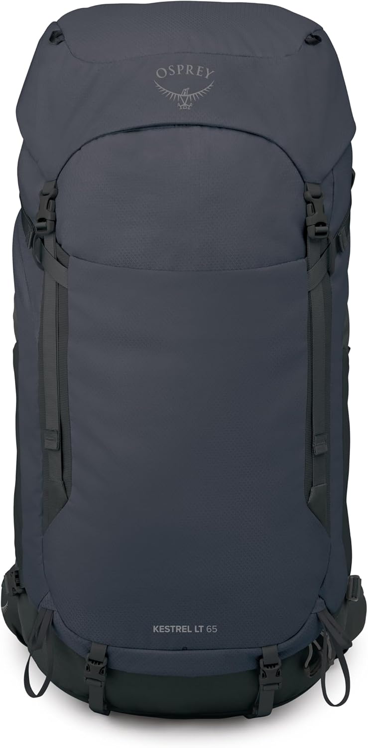 Osprey Kestrel LT 65L Men's Backpacking Backpack - Lightweight Hiking & Camping Bag with Waterproof Raincover, Black