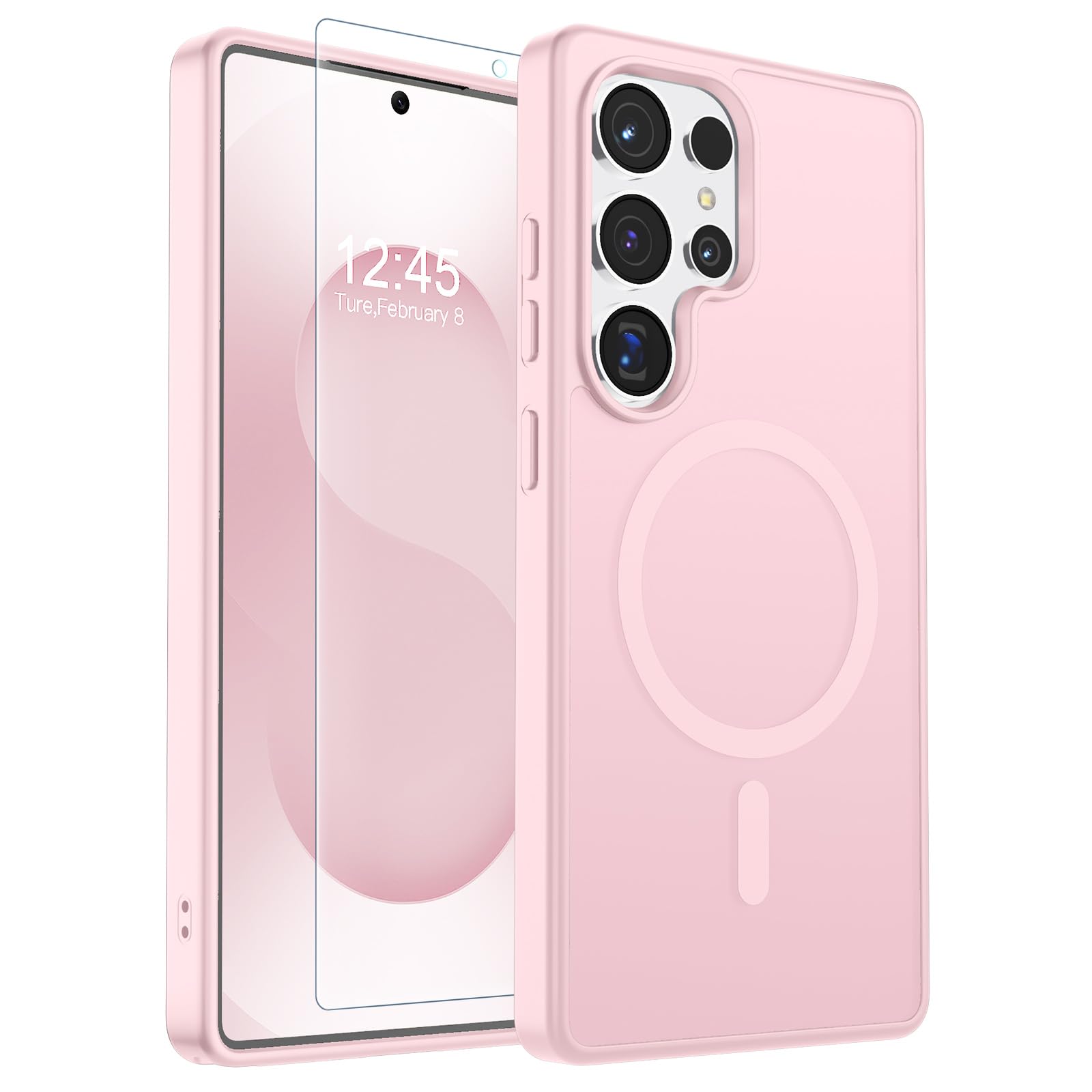 SUPFINE Magnetic for Samsung Galaxy S25 Ultra Case with Screen Protector, (Built-in Magnets) (Military Grade Drop Protection) Slim Translucent Shockproof Phone Case,Pink