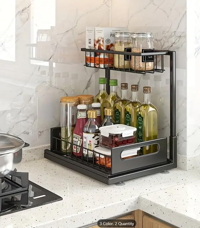 Under Sink Organizer 2-Pack Slide Out Drawer 2 Tier Storage Black Under Cabinet Kitchen Bath