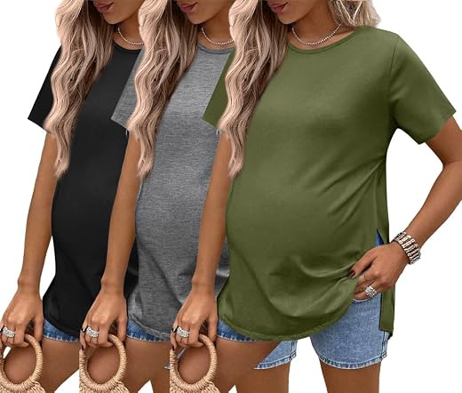 Ekouaer 3 Pack Maternity Shirts Short Sleeve Split Side Pregnancy Tops Casual Pregnant Tunic Blouse