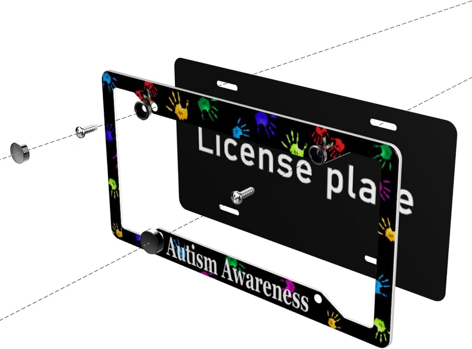Autism Awareness License Plate Frames & Autism Steering Wheel Cover Fashion Aluminum License Plate Covers Anti-Slip Breathable Steering Wheels Protector with Screws Fasteners Caps for Men Women, 3PCS