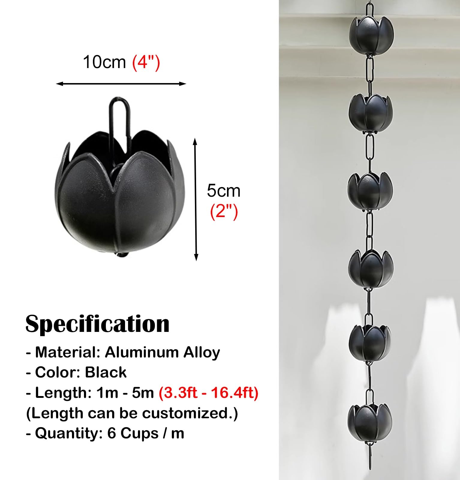 Catene per La Pioggia A Forma di Fiore per Grondaie, Elemento di Drenaggio per L'Acqua Piovana Nera, Elegante Tubo di Scarico per La Pioggia Sospeso, Sistema di Racc,28m (92ft)