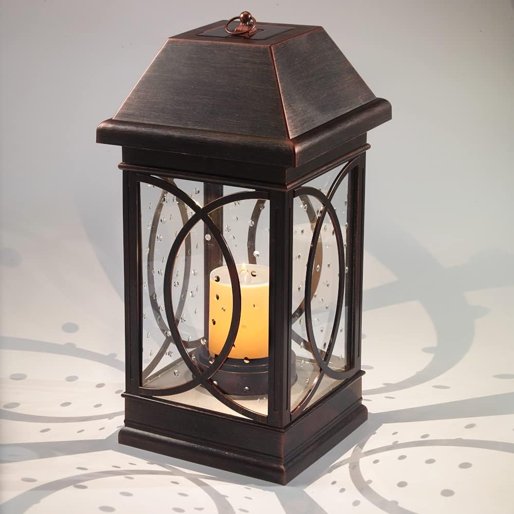 Smart Solar San Vincente Outdoor LED Solar Lantern with Hanging Loop and Real Seeded Glass Shade, Solar-Powered Hanging Lantern for Gardens and Patios, Brown