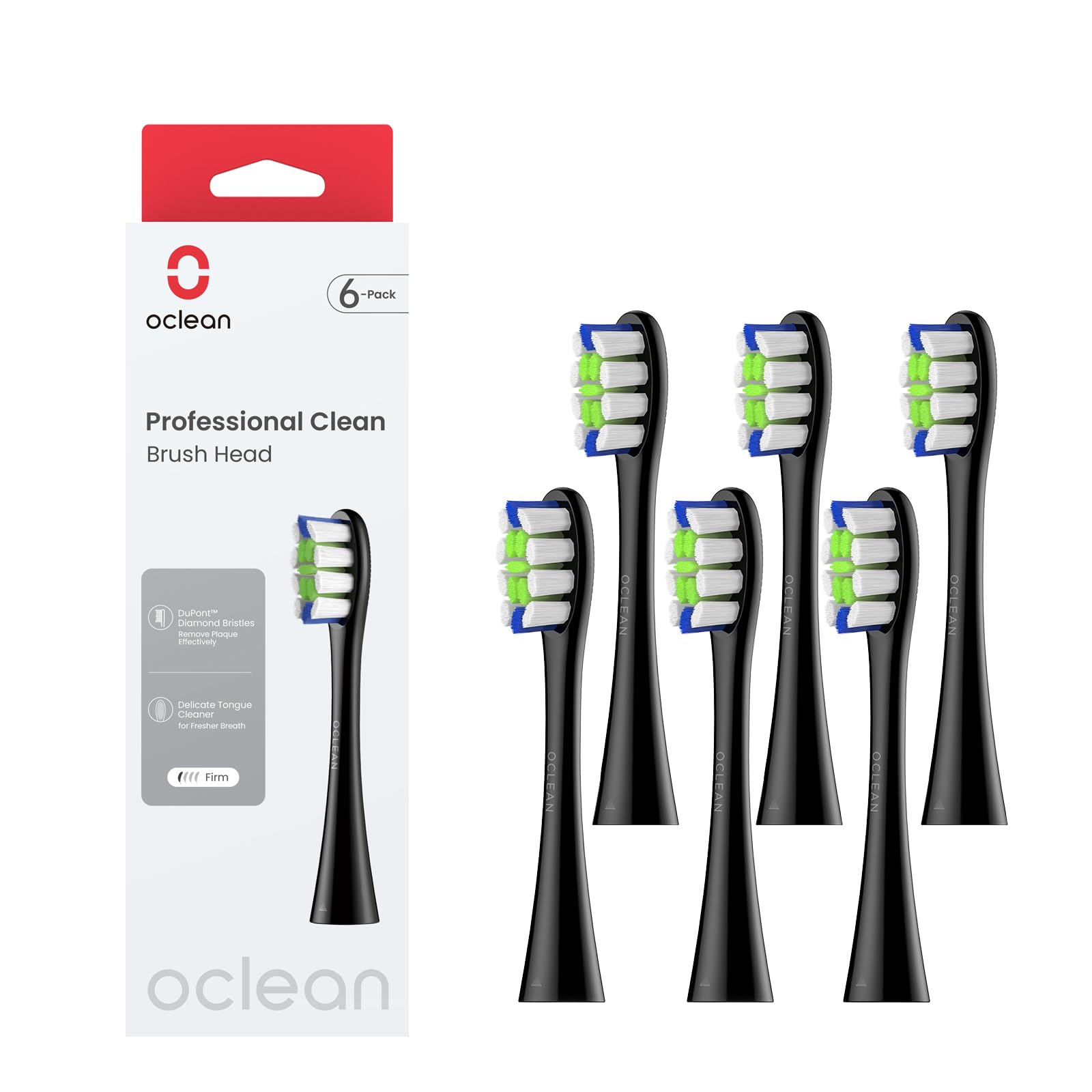 Oclean Electric Toothbrush Replacement Brush Set of 6 | Firm Bristles for High Plaque Removal | Fits All Oclean Models (Professional Clean Black)