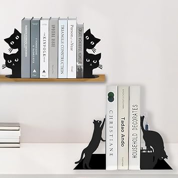 Cat Bookends with Pen Holder, Decorative Metal Book Ends for Shelves, Cute Book Ends for Heavy Books Book Stopper for Office Home Desk Bookshelf Decor Cat Lover Gifts for Women Black