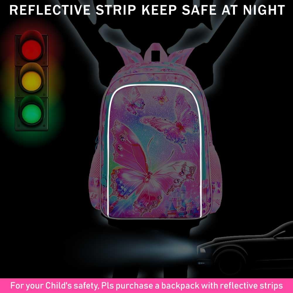 KLFVB 3PCS Butterfly Backpack for Girls, Water Resistant Kids Bookbag with Lunch Box, 16" Preschool Backpacks for Elementary - Butterfly Pink - Image 3