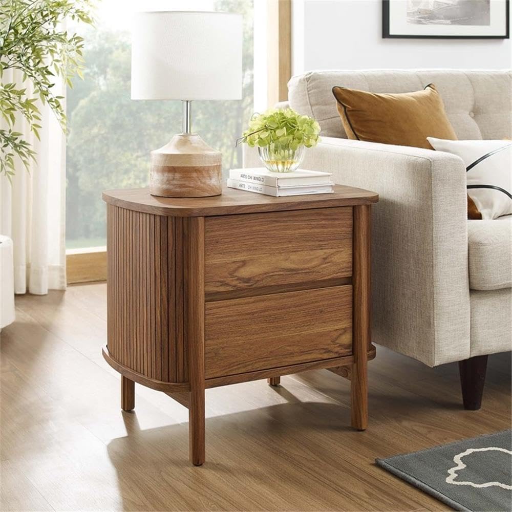 Pemberly Row Modern 2-Drawer Nightstand, Walnut Finish, Rubberwood/Particleboard/MDF Construction, Fluted Sides, 16.3" L x 23.2" W x 21.3" H, Bedside Table or Living Room End Table