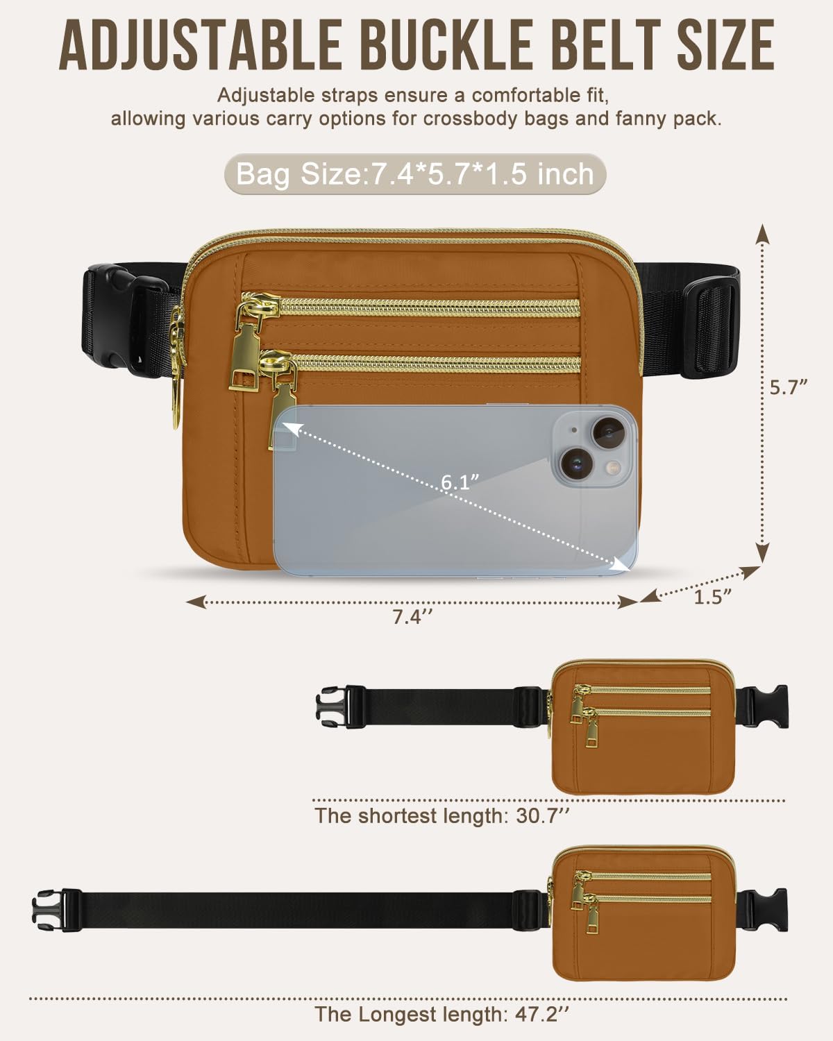 Capolo Fanny Packs for Women Fashion Waist Packs Bag with Adjustable Strap and 4 Zipper Pockets Waterproof Everywhere Crossbody Belt Bag for Workout Running Travelling(Brown) - Image 5