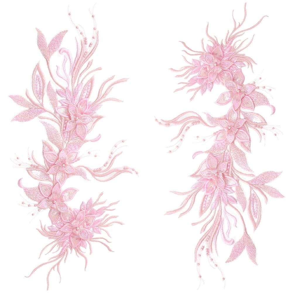 CABODYALS 2Pcs Pink 3D Floral Lace Applique Embroidered Vintage Flower Fabric Patches Sew on Polyester Neckline Gauze Appliques for Sewing Making Dresses Backpacks Decor Clothing Accessories Diy