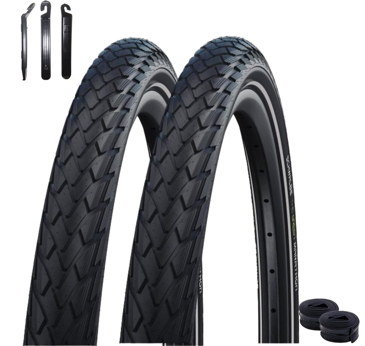 2 x Schwalbe Marathon Green Guard Fahrradreifen Reifen in Schwarz mit Reflex 37-622 (28 x 1.40) + 2 Schwalbe Schläuche AV17 inkl. 3 Reifenheber