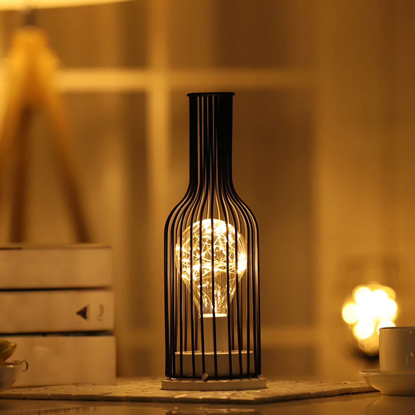 FUFRE Metal Wire Table Lamp Battery Operated Iron Table Lamp, Vintage Creative Metal Bedside Lamps for Home Bedroom Living Room Patio Hotel Decorative Lighting (B)