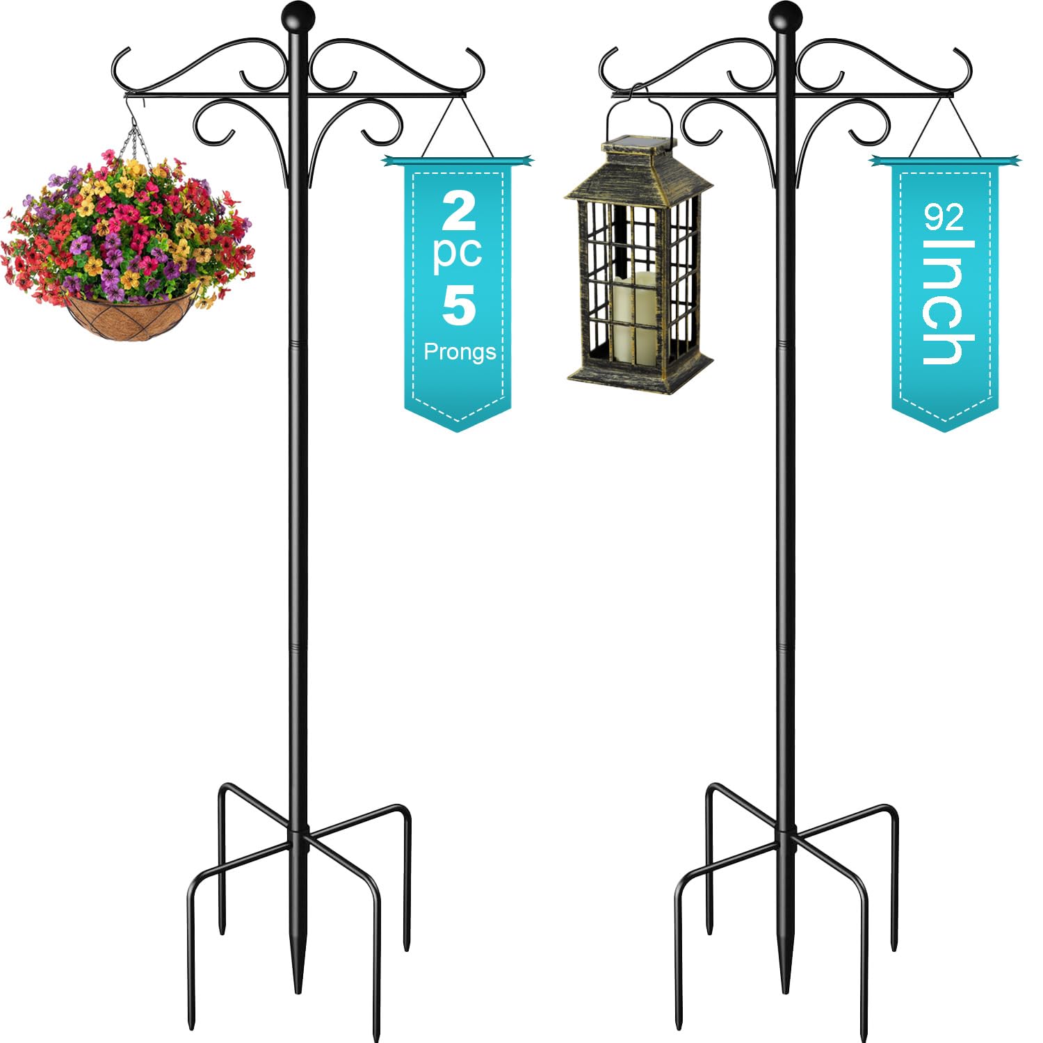2PCS 92" H Double Shepherds Hooks for Outdoor, Heavy Duty Bird Feeder Pole for Hanging Plants, Solar Lanterns, with 5 Prong Base, Adjustable, Metal, Black