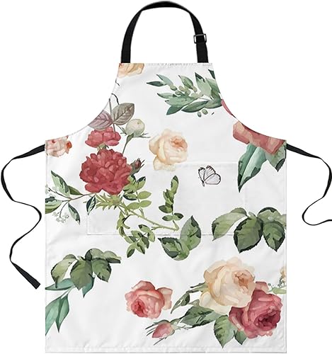 Red Spring Floral Bib Aprons with Pockets Waterproof, Adjustable Apron for Men Women Summer Botanical Flowers Watercolor