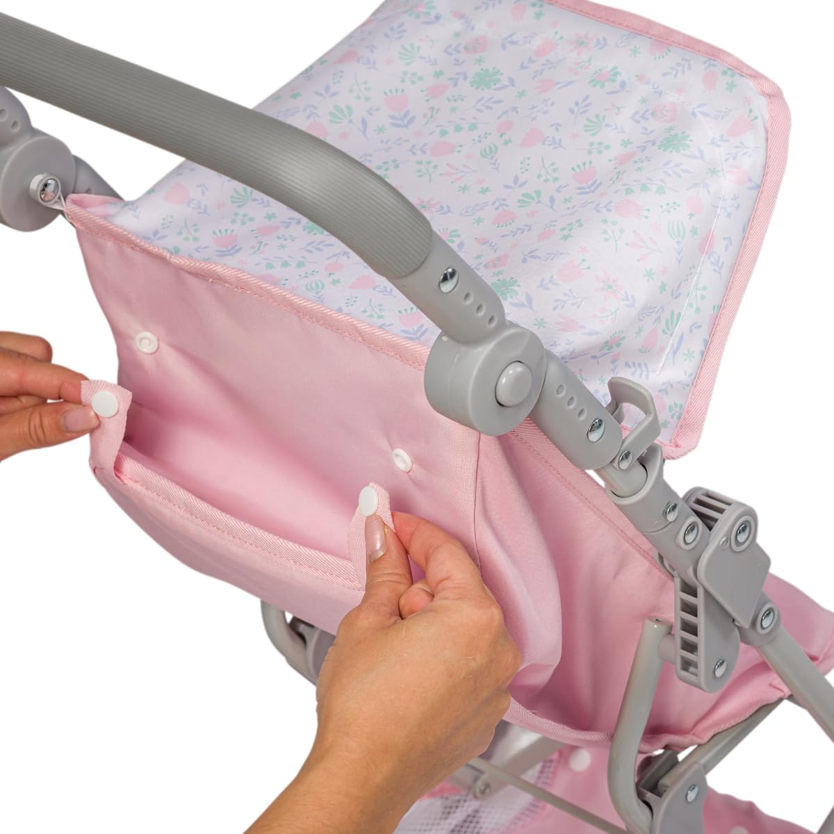 JC Toys - Passeggino pieghevole, per bambole fino a 45 cm, ideale per giocare e passeggiate, rosa con decorazione floreale, progettato da Berenguer, +3 anni