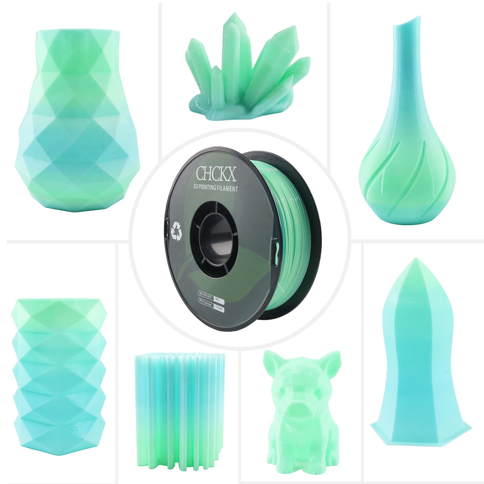 PETG Filament pour imprimante 3D arc-en-ciel, précision dimensionnelle +/- 0,03 mm, bobine de 1 kg, 1,75 mm, convient pour la plupart des imprimantes 3D, vert et bleu