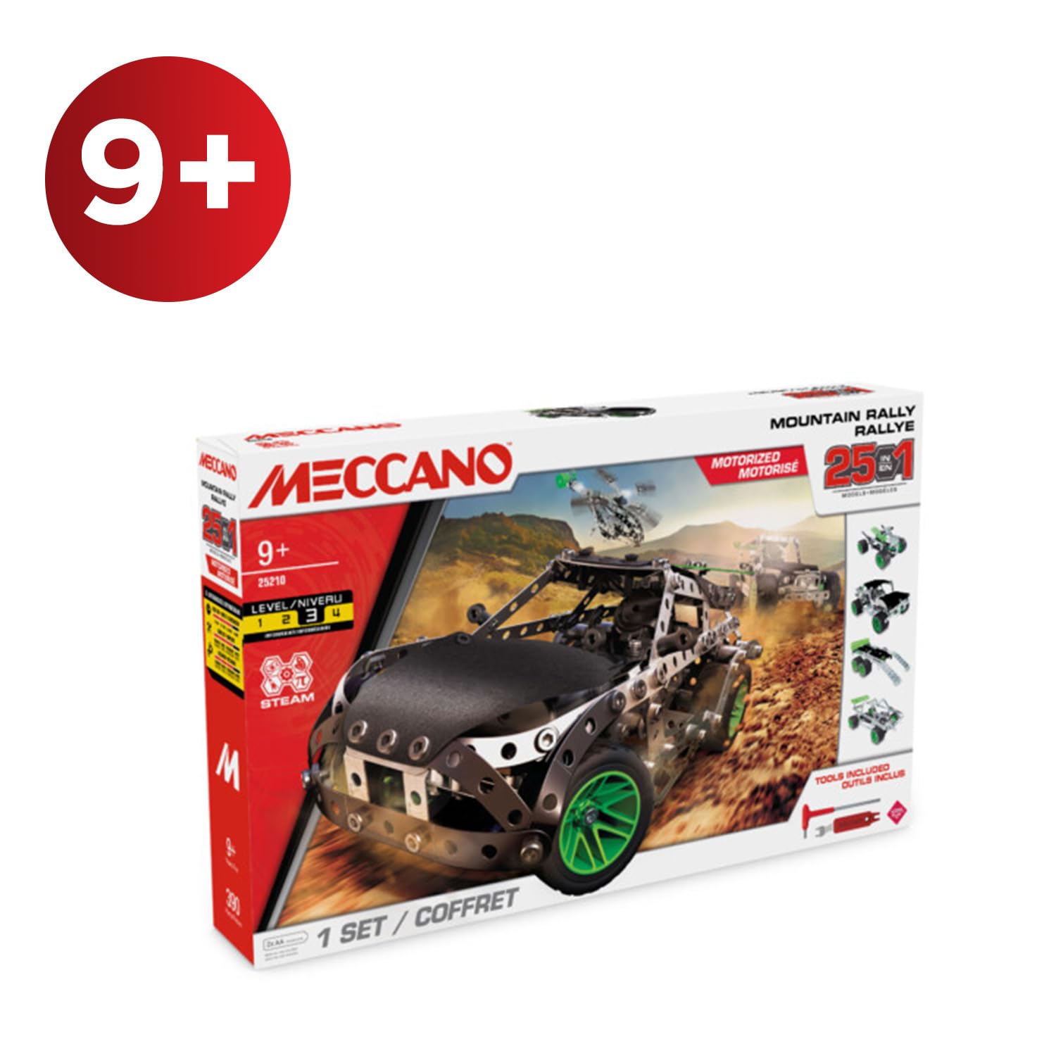 BANDAI - Meccano Mountain Rally 25 en 1 - Coffret de Construction 25 Modèles - 390 pièces, Moteur, Outils, Notice - Kit Activité Assemblage Voiture de Rallye - Jouet Enfant 10 Ans et + - APM11111