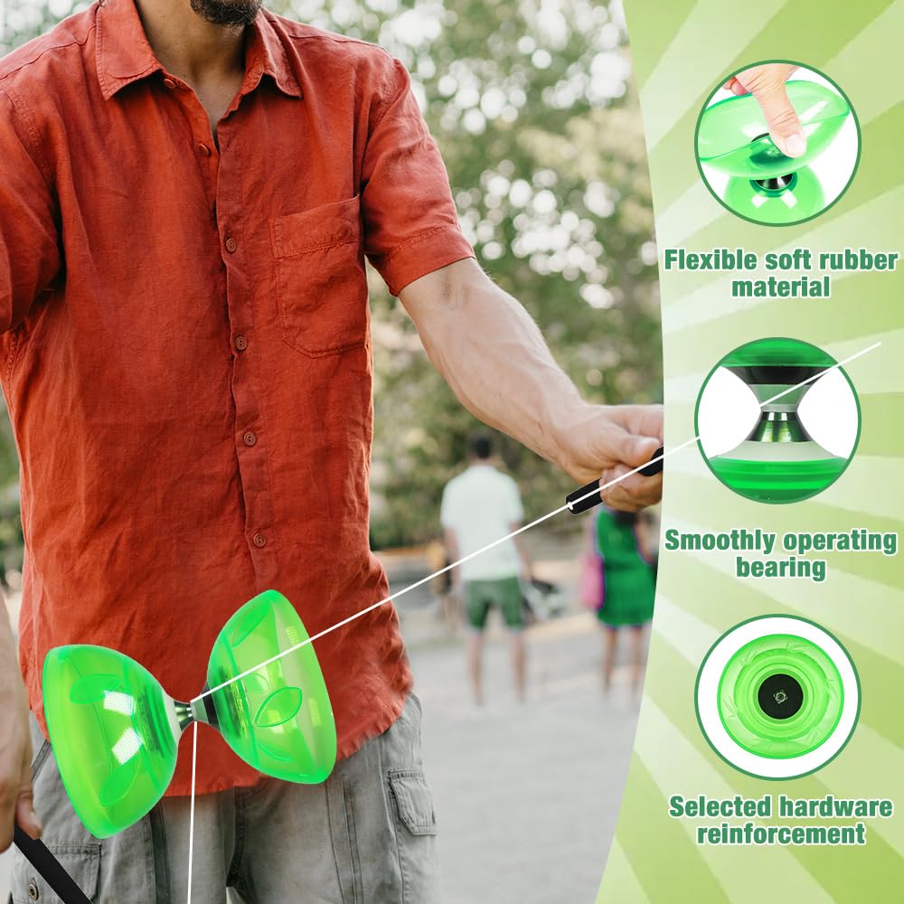 Diabolo Freiläufer mit Kugellager, LED Diabolo mit 3 Farben Blinkendes, Dreifache Lagerung Set mit Ersatzseil 10m, Netzbeutel und Profi-Stange, Dreifachlager für Erwachsene (Grün)