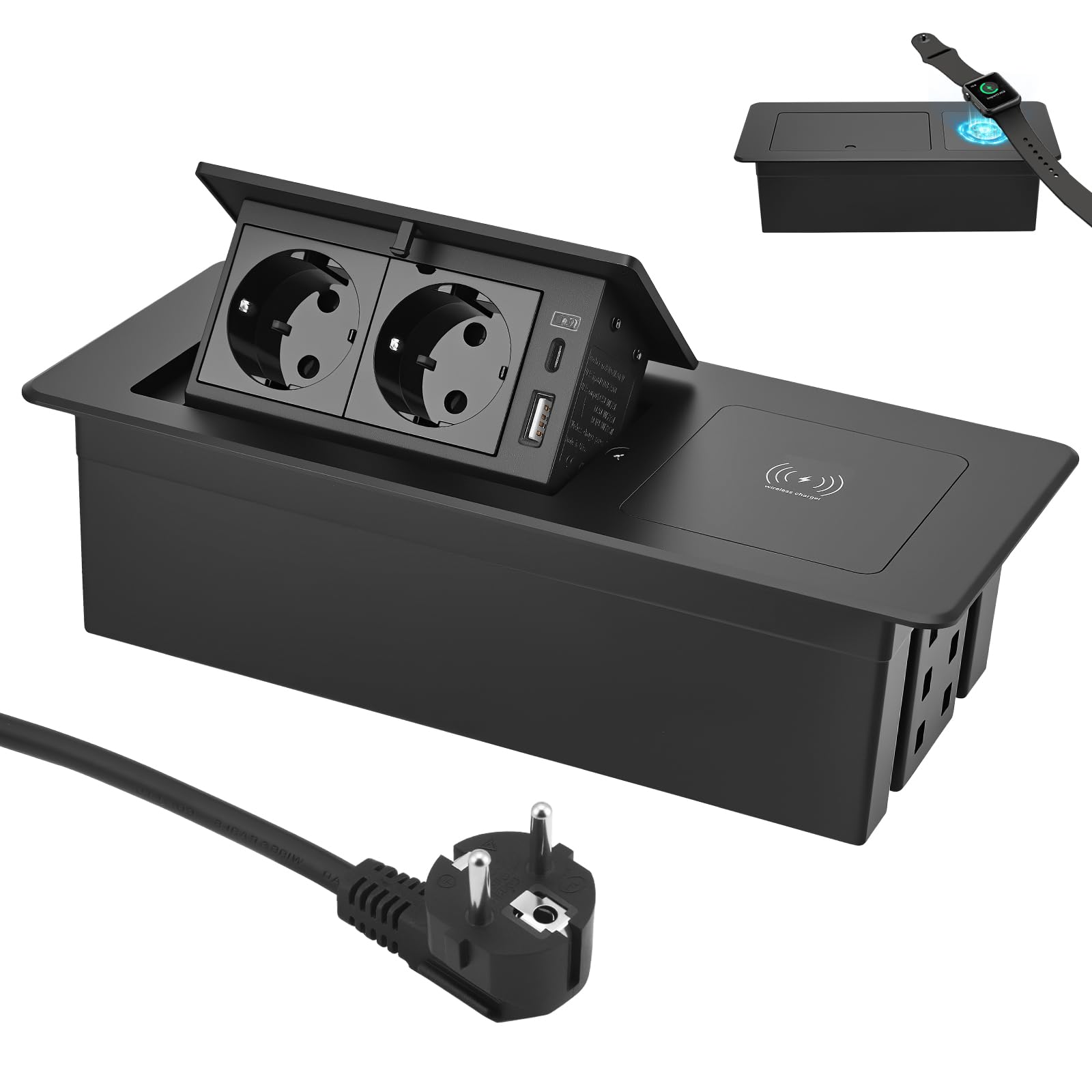 Ciabatta elettrica integrata da scrivania con 20 W QC3.0 USB-A+C e 15 W di ricarica wireless Qi (per telefono/orologio/cuffie), interruttore pop-up, cavo da 1,8 m, 16 AWG, colore nero