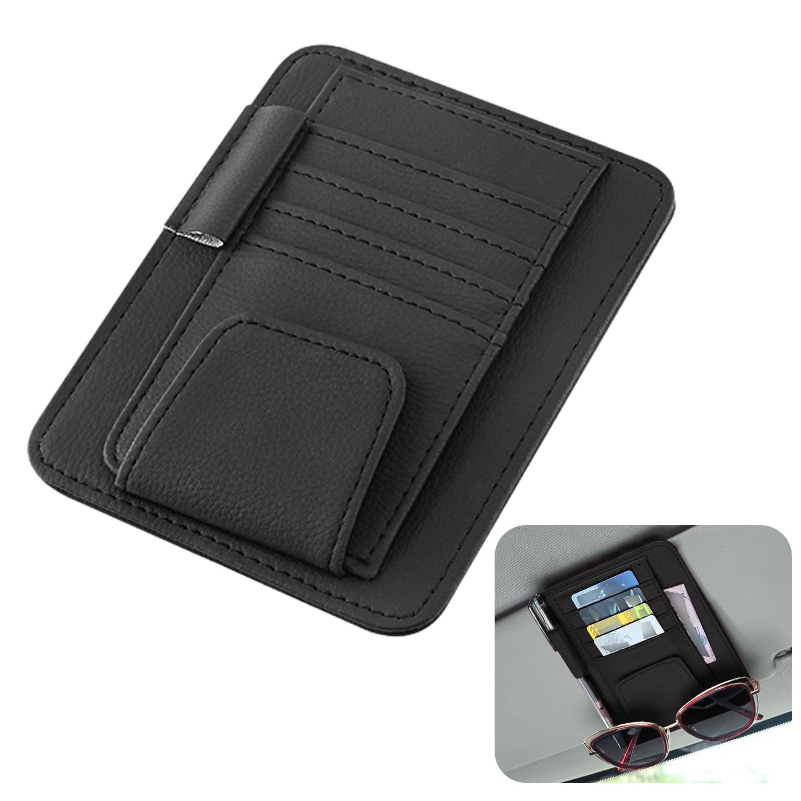 KASESSS Soporte Gafas Coche Universal, Organizador para Visera de Coche de Cuero PUl, Porta Gafas para Coche Multifunciona Soportes de Gafas de Coche con Ranuras para Tarjetas Bolígrafos Gafas