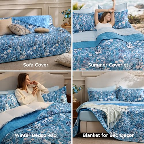 Image of Bedsure Floral Quilts King Size, Reversible Blue Floral Comforter Bedding