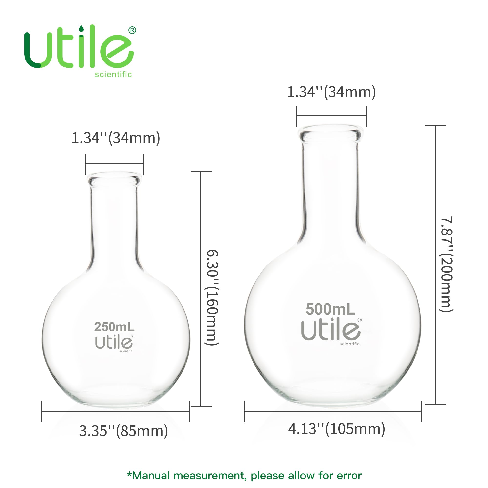Utile 2pcs of Flat Bottom Flasks, 250ml 500ml Narrow Mouth Glass Flasks,Lab Boiling Flasks with Printed Graduation for Lab Science 4012.9014.1