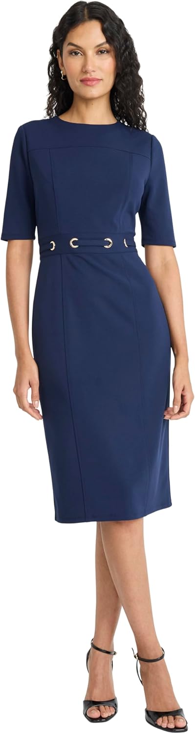 Maggy London Women's Half Sleeve Round Neck Sheath Dress with Belt - Professional Work Dresses