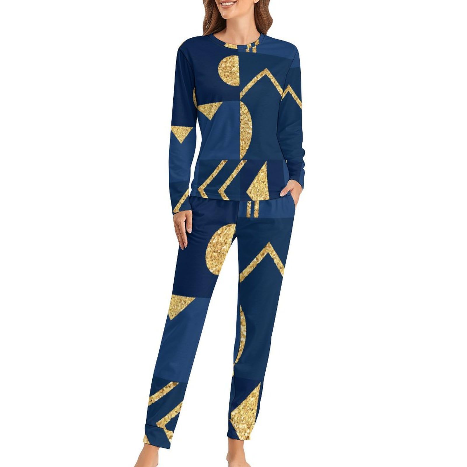 Ensemble Pyjama Femme Doré Géométrique Manches Longues Fluide - 8