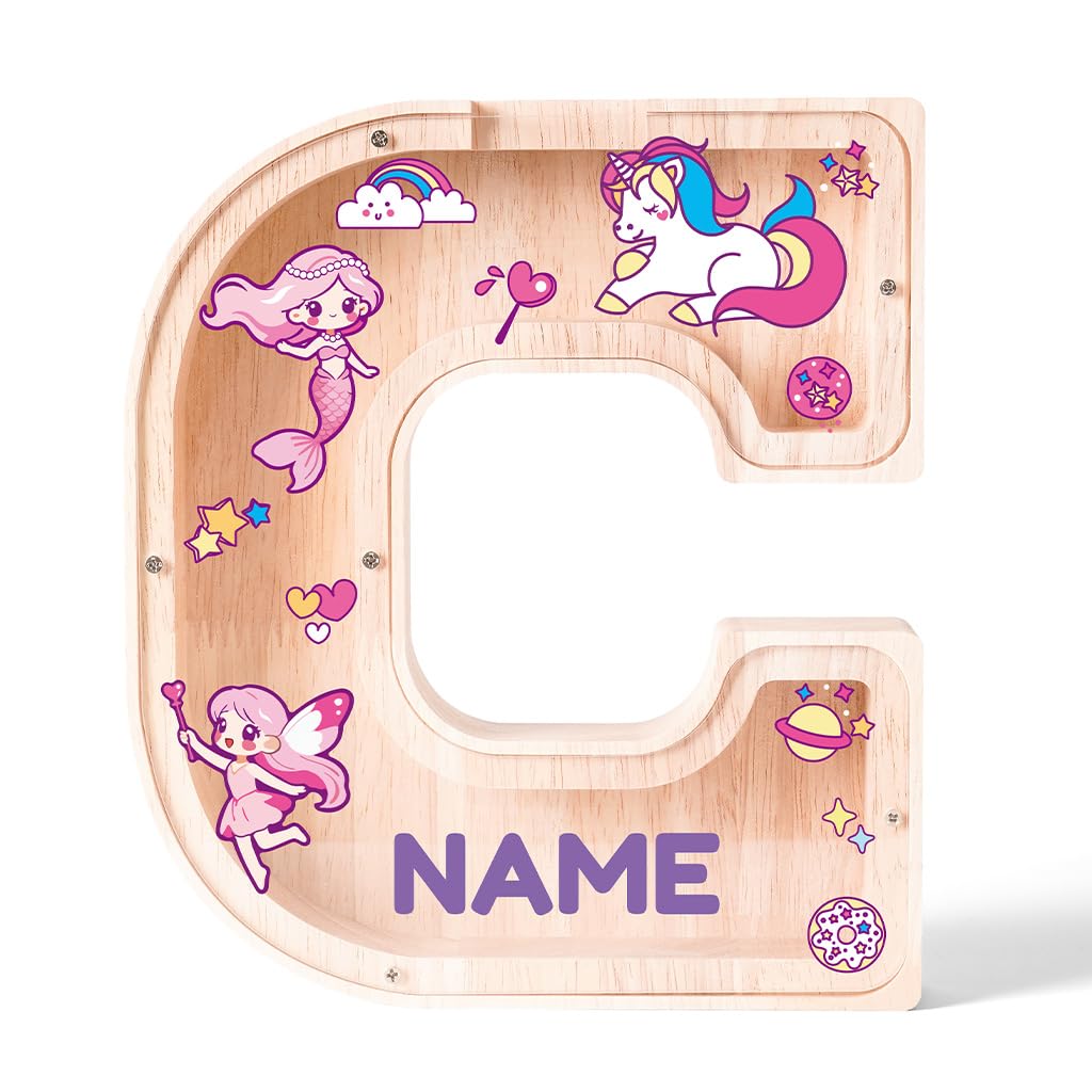 Personalized Wooden Letter Piggy Bank for Kids | Custom Name Alphabet Coin Bank A–Z | Money Saving Box for Boys and Girls | Birthday Gift for Children (C)