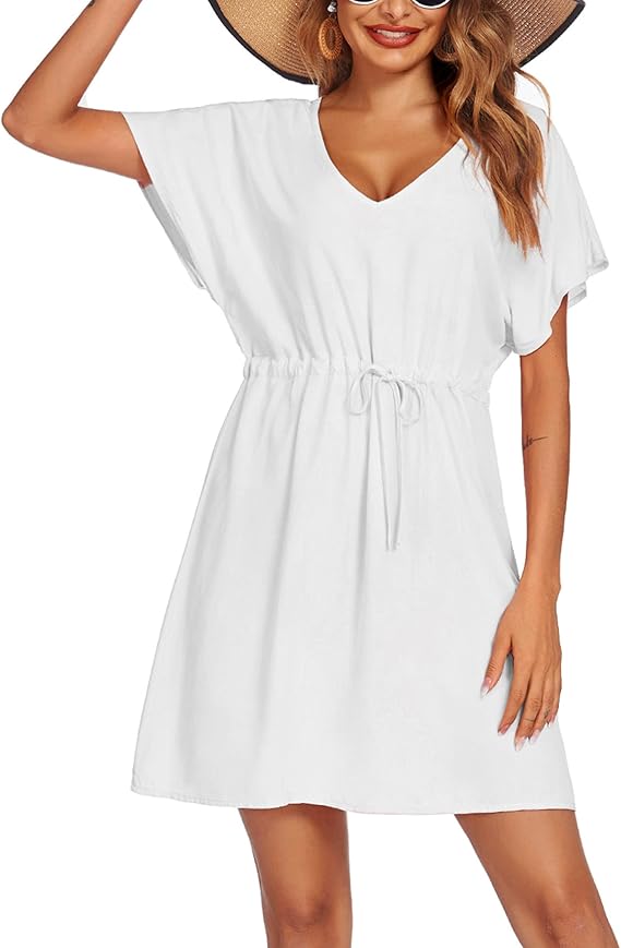 Ekouaer Women's Cover Up Short Sleeve Beachwear Coverups Loose V-Neck Bikini Beach Tunic Top XS-3XL