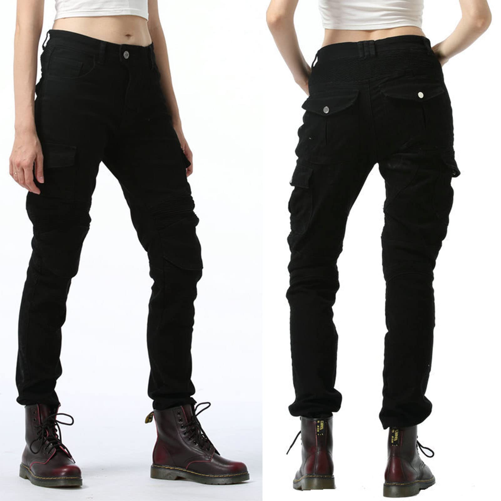 Moto Pantalon Protection Pour Femmes, Moto Jeans Respirant, Avec Amovible Protéger Pads D'armure De Motard Pantalon Extensible Résistant à L'usure, Coupe-Vent (Black,L)