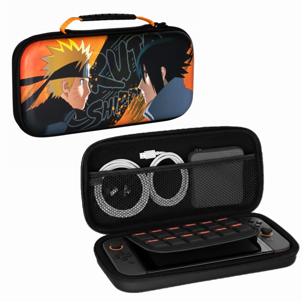 Konix Naruto Shippuden Schutzhülle und Tragetasche für Nintendo Switch 2 - Zubehörfach und 8 Spielefächer - Motiv Naruto und Sasuke - Schwarz