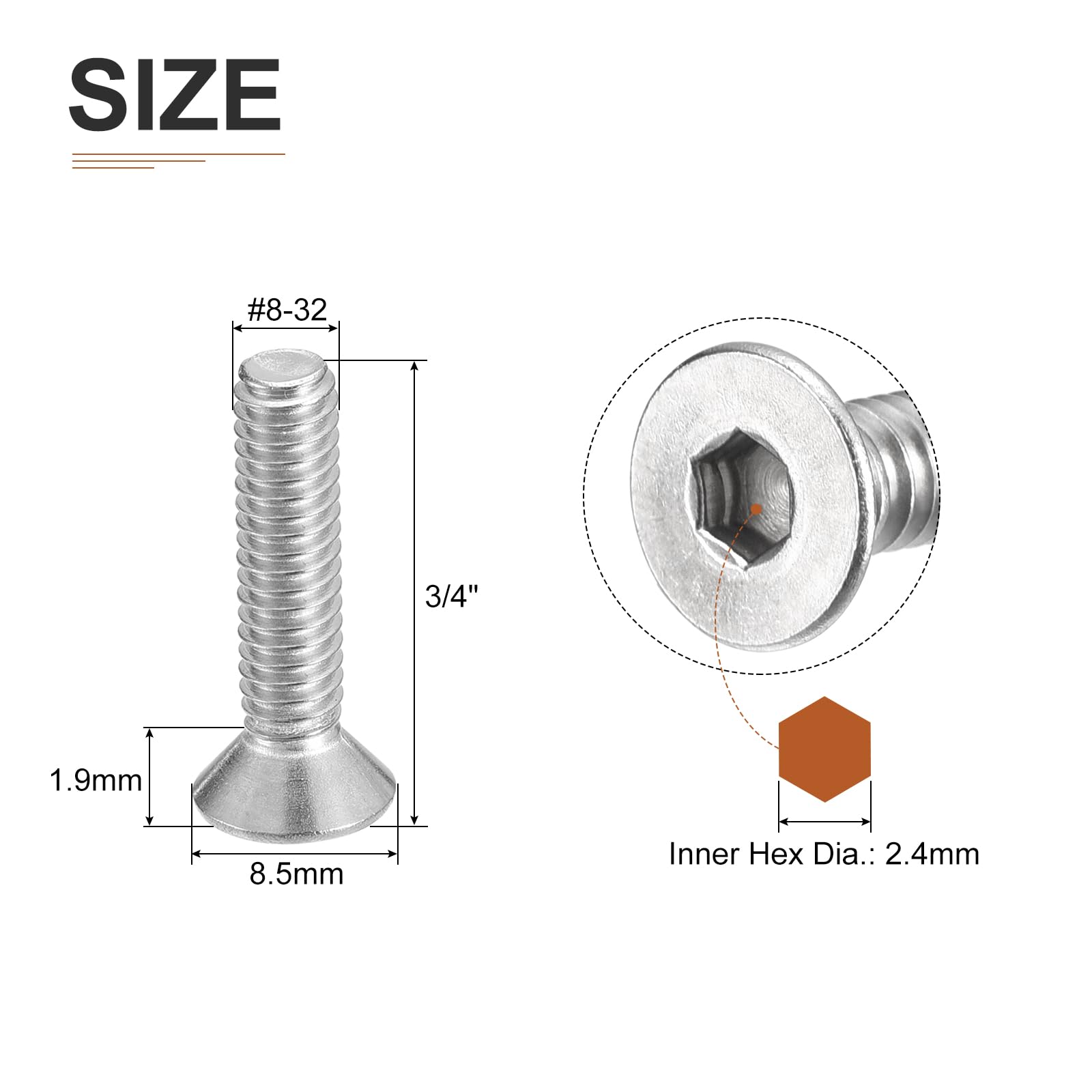 DTGN #8-32 x 3/4" Flat Head Socket Cap Screws, 100 Pack 304 Stainless Steel Hex Socket Flat Head Screws, Full Thread, Countersunk Bolts - Image 2