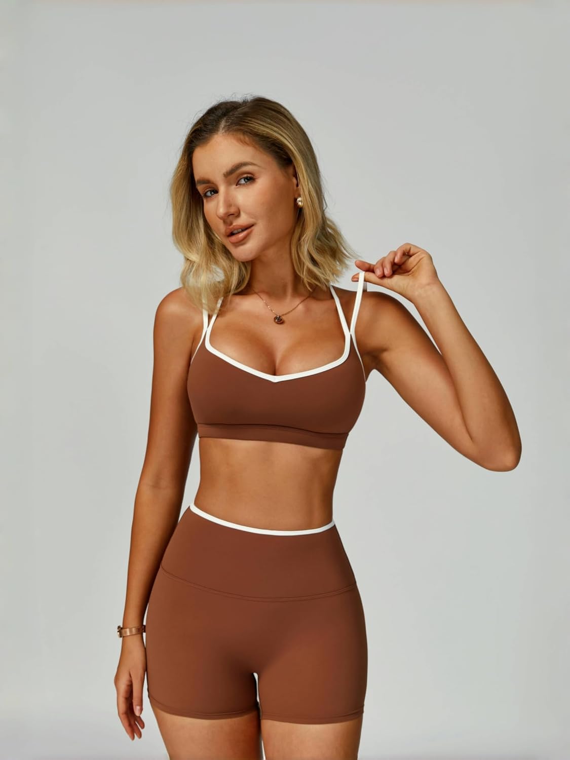 ABOCIW Workout Sets for Women 2 Piece Color Block Strappy Sports Bra High Waist Shorts Gym Yoga Pilates Outfits - Image 2