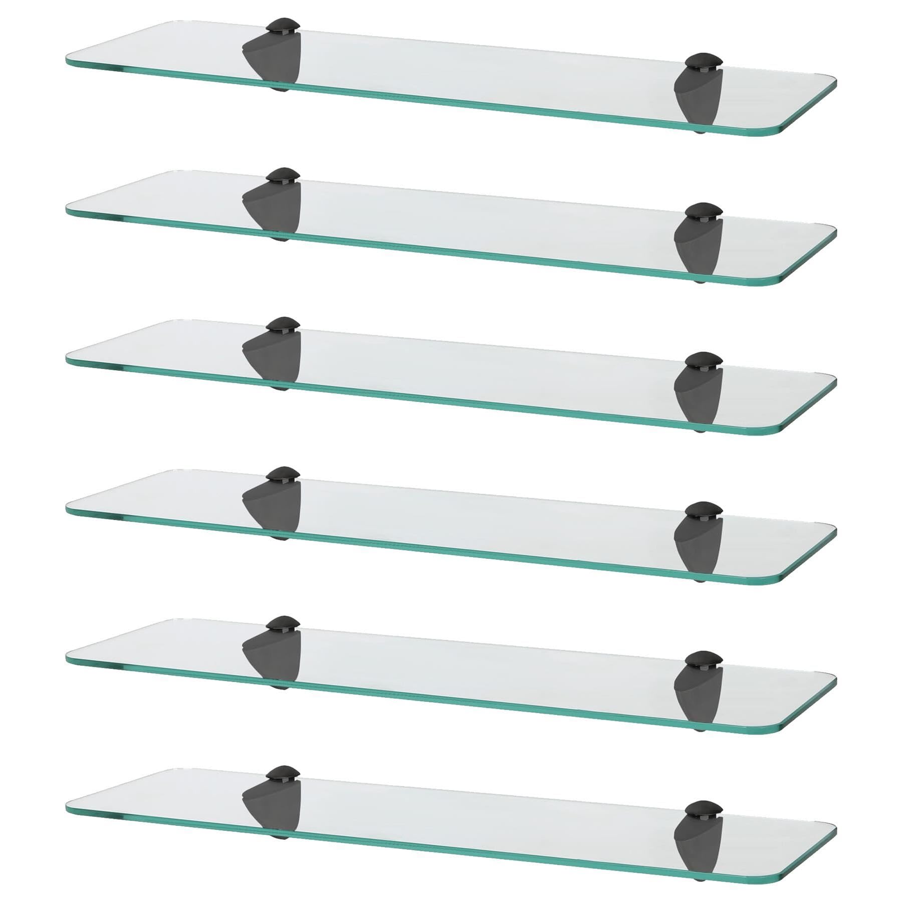 Harbour Housewares Rounded Floating Glass Bathroom Shelves - 50cm - Clear/Black - 6x Wall-Mounted Kitchen Bedroom Shower Room Décor Caddy Towel Storage Organiser Shelving Rack with Brackets