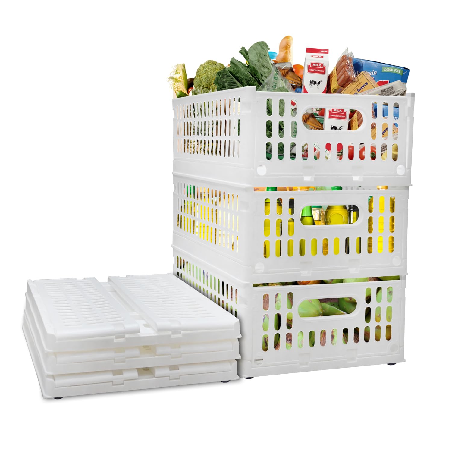 Aditya polymers Foldable Stackable Plastic Storage Crates 10 Kg Capacity White | 3 Pc Set Collapsible Organizer Bins with Wheels | Slide-Out Space-Saving Design Multipurpose Storage Basket for Home