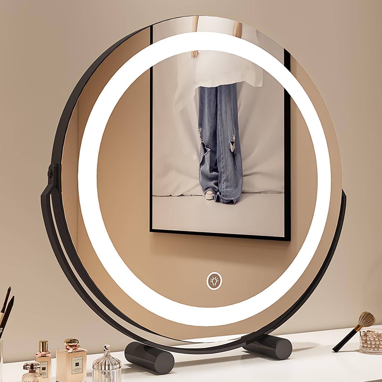Lustro toaletkowe LED z 3 ustawieniami światła, okrągłe lustro z podstawą, idealne na toaletkę, średnica 30 cm