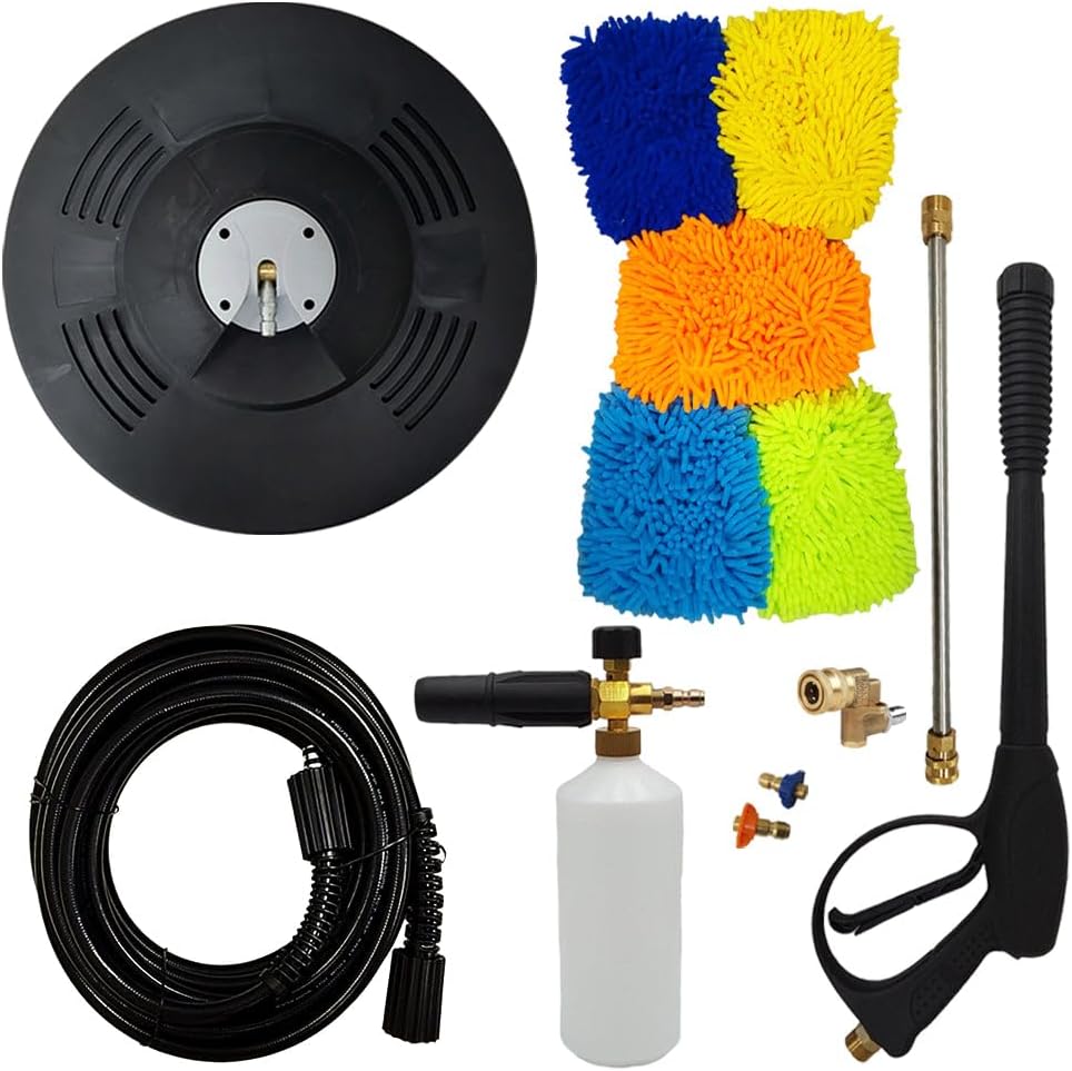 proven part 15" Floor Scrubber, 50' Hose, Pro-Gun Kit & Quick Connect, 1/4" Quick Connect Pivoting Coupler, Nozzle Kit, Foam Lance, (5) Microfiber Mitts