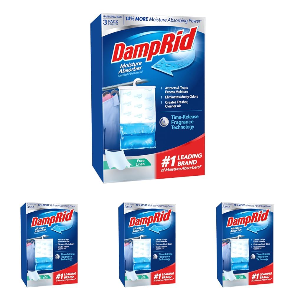 DampRid Pure Linen Hanging Moisture Absorber, 16 oz., 3 Count (Pack of 4) - Eliminates Musty Odors for Fresher, Cleaner Air, Ideal for Closet, 14% More Moisture Absorbing Power*