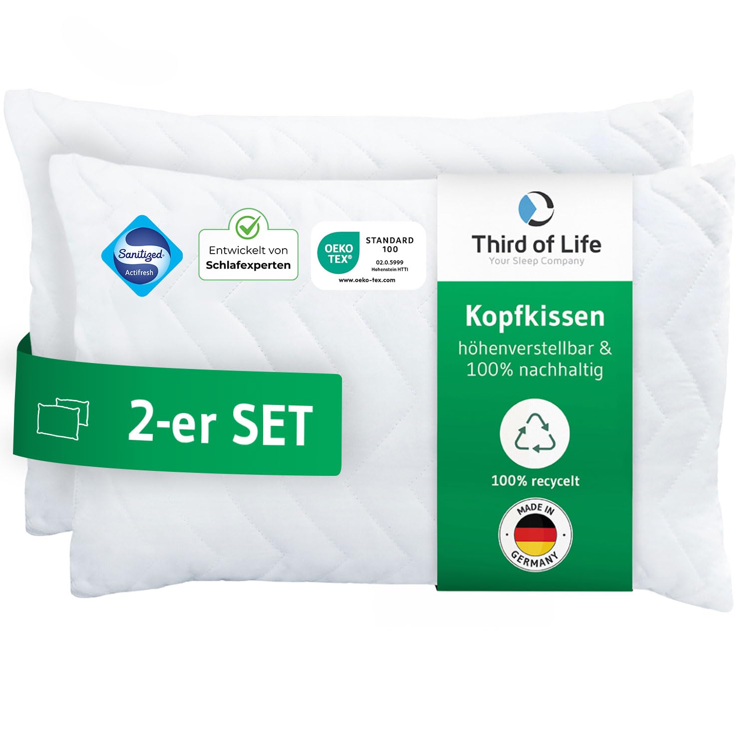 Kopfkissen 40x60 VERDA 2er Set, ergonomisches Bett-Kissen höhenverstellbar | Pillow 40 x 60 cm aus recyceltem Material, Höhenverstellbares Schlafkissen für Rückenschläfer, Seitenschläfer, Allergiker