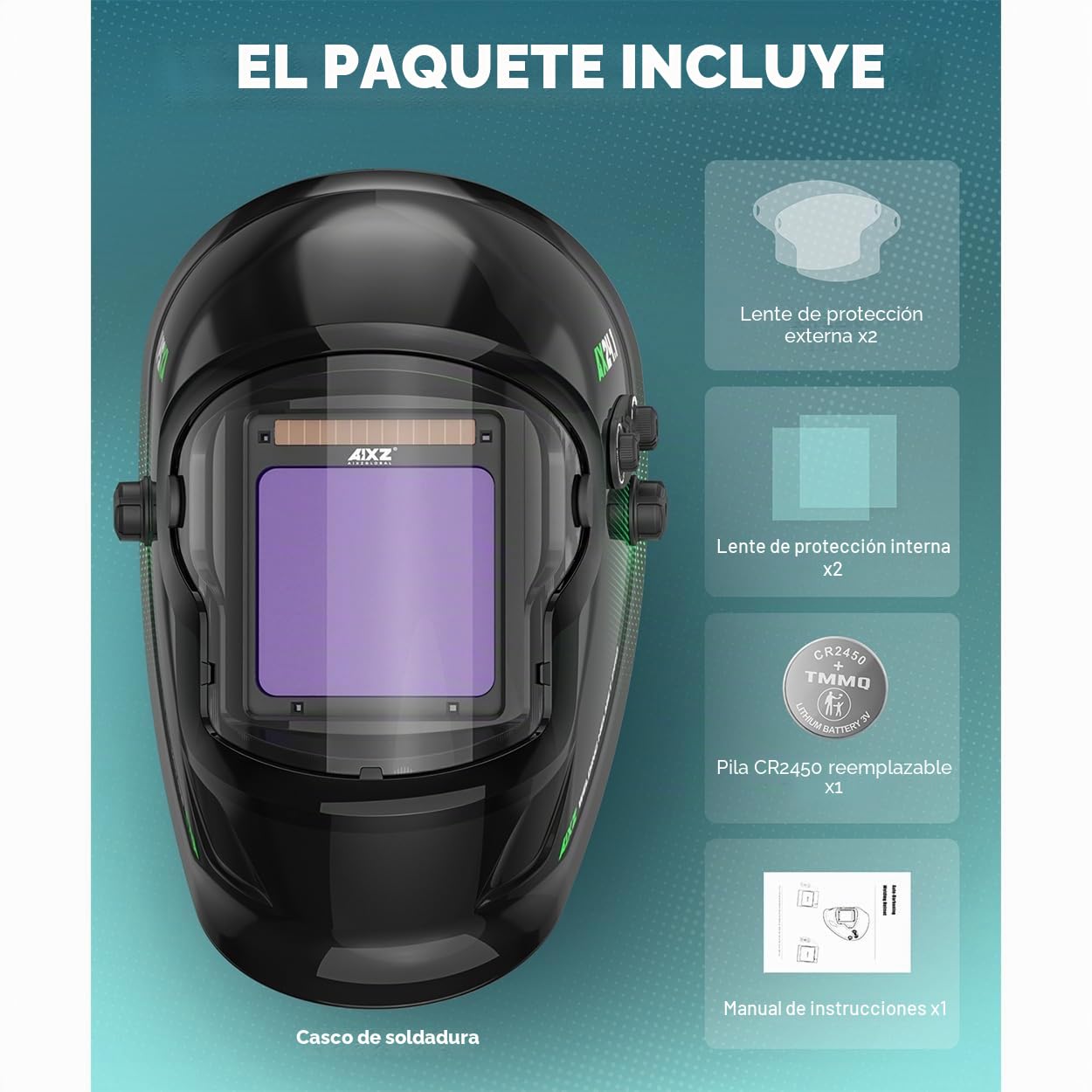 Casco de soldadura AIXZ True Color, clase óptica 1/1/1/2, campo de visión óptimo de 9,9 x 9,7 cm, oscurecimiento automático con 4 sensores de arco (4-5/5-9/9-13) para máscaras de soldadura MIG/TIG/MMA