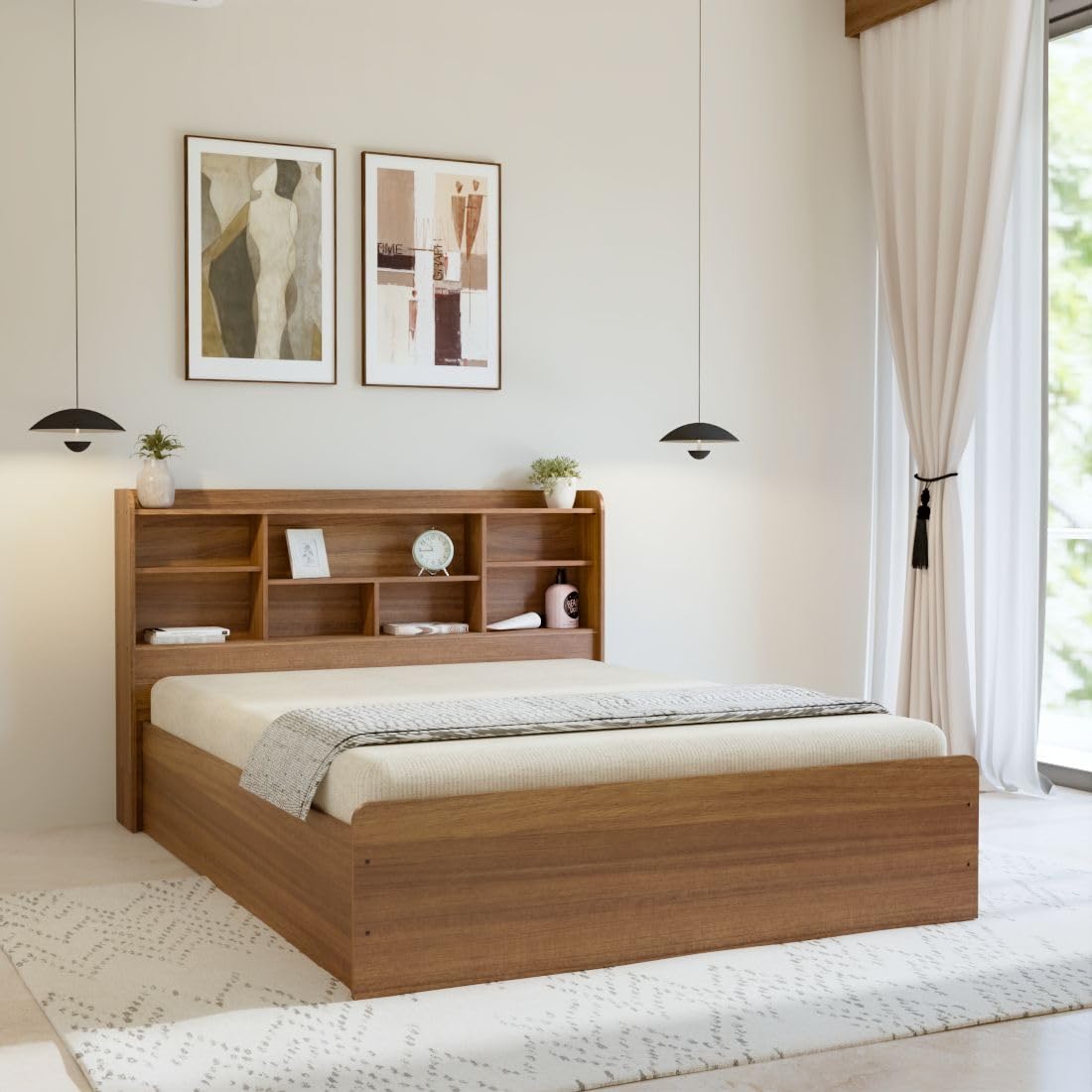 Sydney Engineered Wood King Bed with Storage | Queen Size Bed for Bedroom, Cot Bed with Box & Headboard Storage | Bedroom Furniture - Leon Teak-image-0